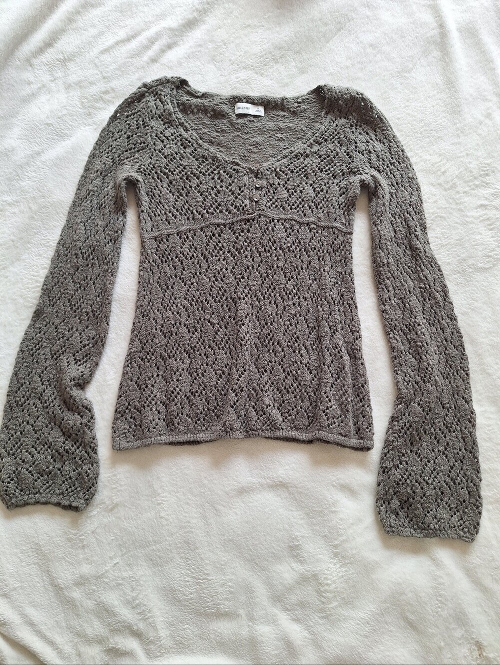 Vintage Hollister Y2K Crochet Knit Bell Sleeve Top Medium Gray Cotton Blend M